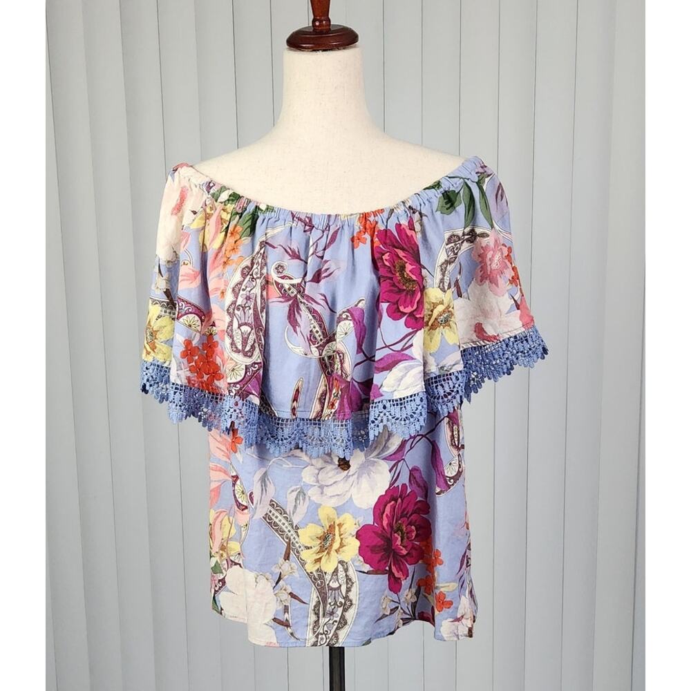 Cupio Linen Blend Off Shoulder Floral Popover Top Lace Trim Blue Size XL New
